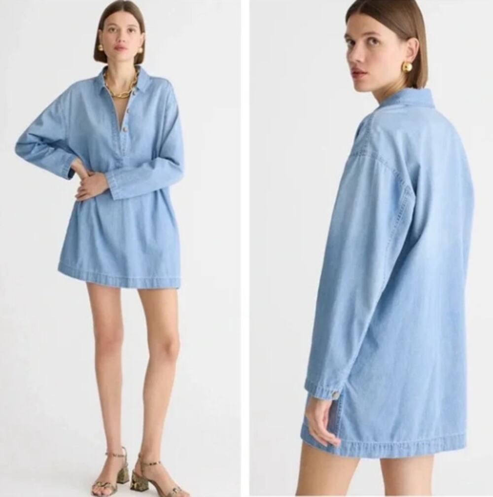 NWT J. Crew Popover Dress in Chambray Blue XXL Boho Prairie Coastal